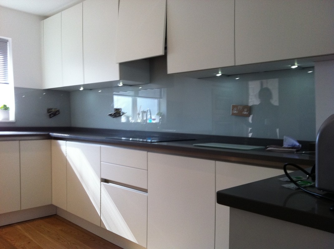 Grey glass kitchen splashback with LED lighting in Maidenhead